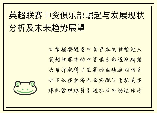 英超联赛中资俱乐部崛起与发展现状分析及未来趋势展望