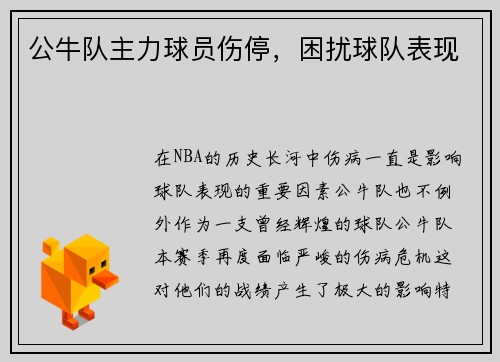 公牛队主力球员伤停，困扰球队表现