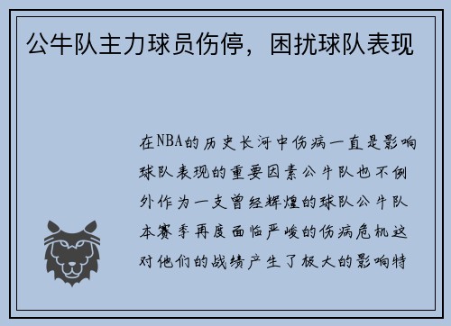 公牛队主力球员伤停，困扰球队表现