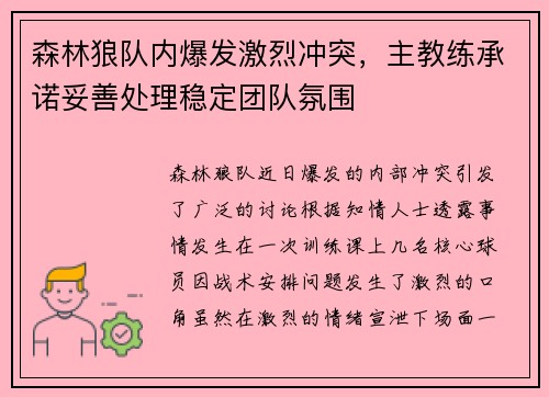 森林狼队内爆发激烈冲突，主教练承诺妥善处理稳定团队氛围